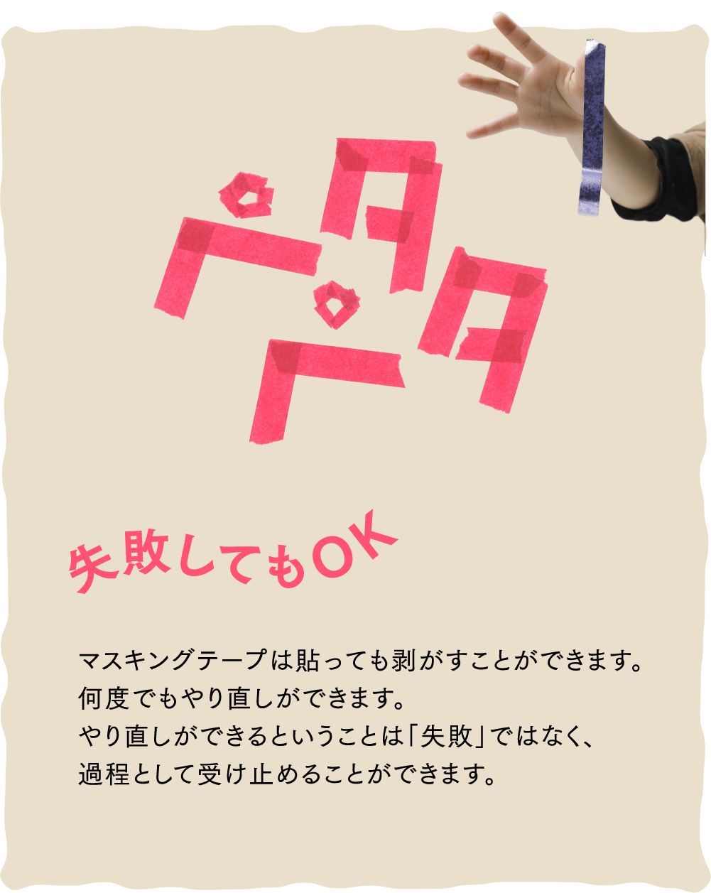 ペタペタ 失敗してもOK マスキングテープは貼っても剥がすことができます。何度でもやり直しができます。やり直しができるということは「失敗」ではなく、過程として受け止めることができます。
